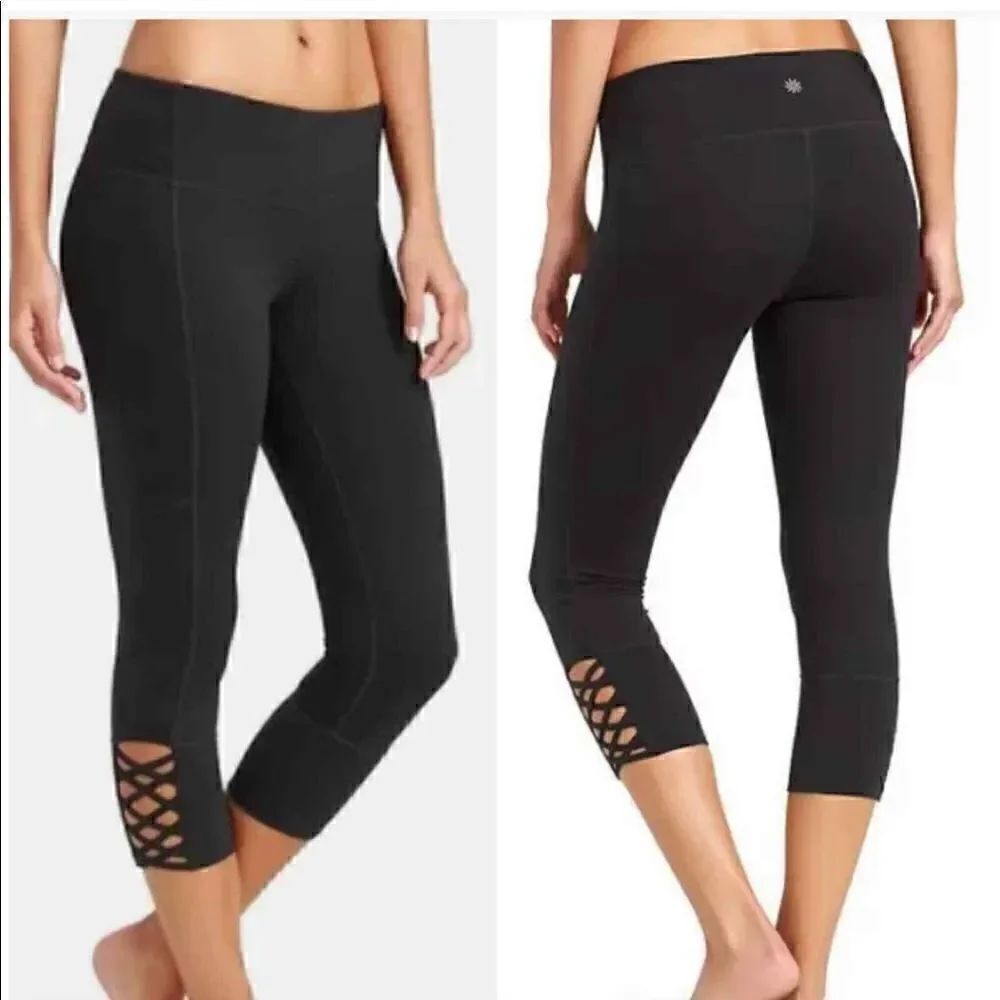 Athleta mid-rise cropped leggings with crisscross design on side